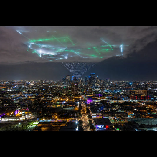 Project Blue Beam drone swarm and laser projection over city -- Tin Foil Fools