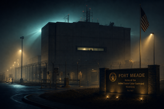 Cinematic night exterior of a secure intelligence facility with fog and searchlights